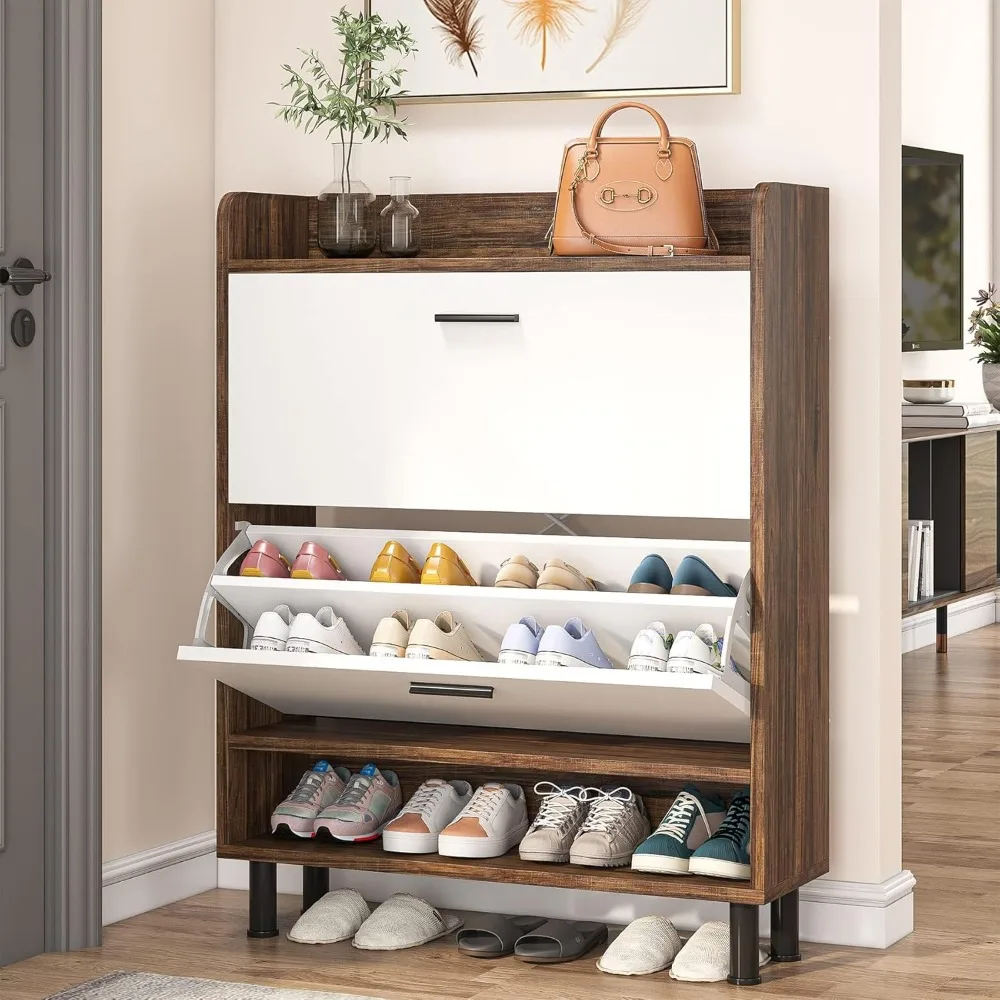 Shoe Cabinet, 2-Tier Shoe Storage Cabinet with Flip Doors, Vintage Entryway Shoe Organizer Rack with Open Shelves