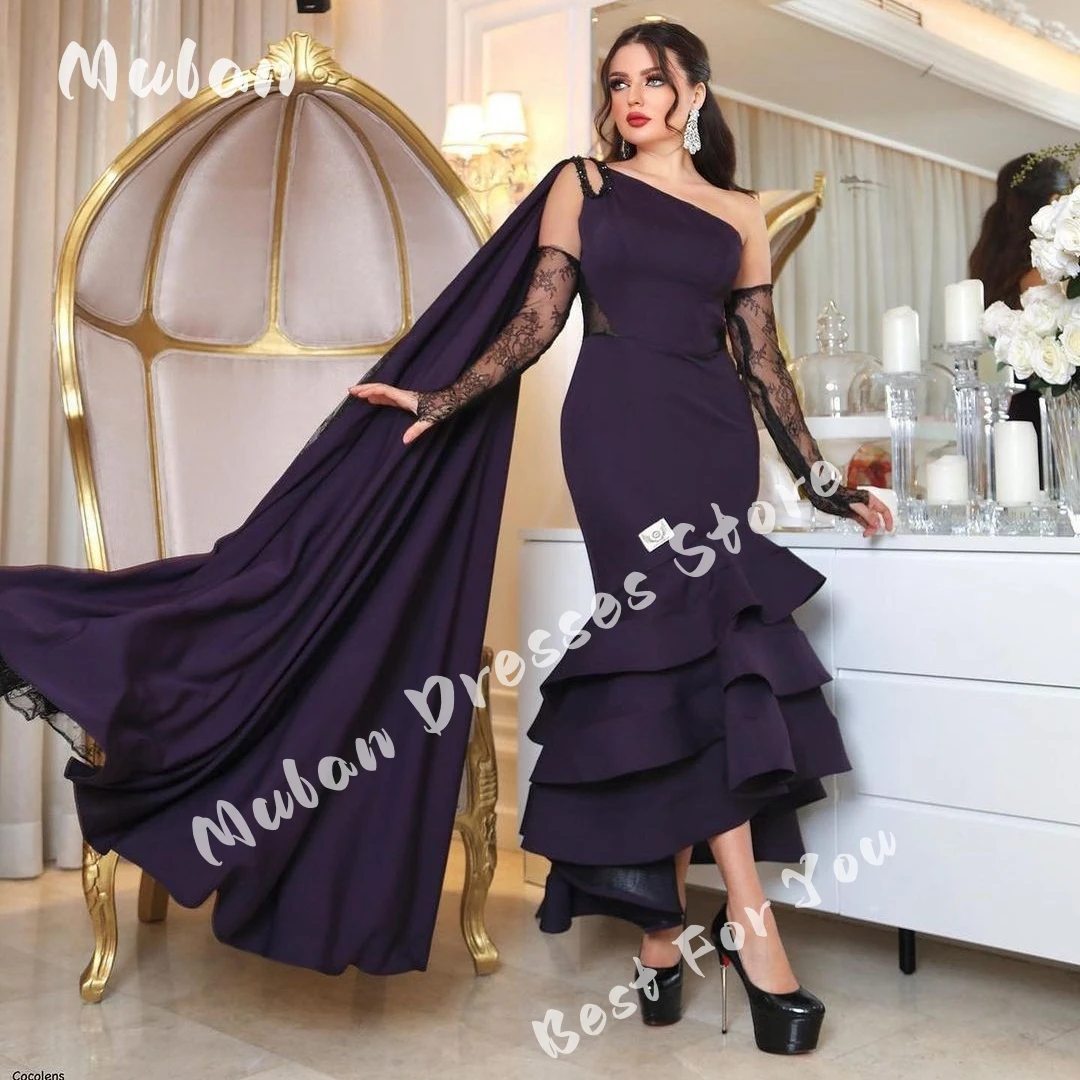 

Purple One Shoulder Mermaid Cape Prom Dress With Lace Gloves Arabia Formal Wedding Party Evening Gowns Vestido De