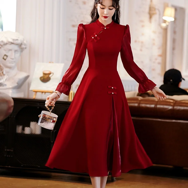 

Retro Qipao Toast Dress Bride's Autumn Spring New Wedding Dress Long Sleeve Elegant Evening Party Dress