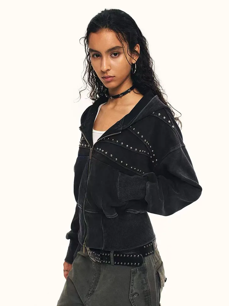 Y2K American Rivet Studded Hooded Sweatshirt Women Loose Streetwear Slim Crop Jacket Harajuku Gothic Punk Zipper Outerwear