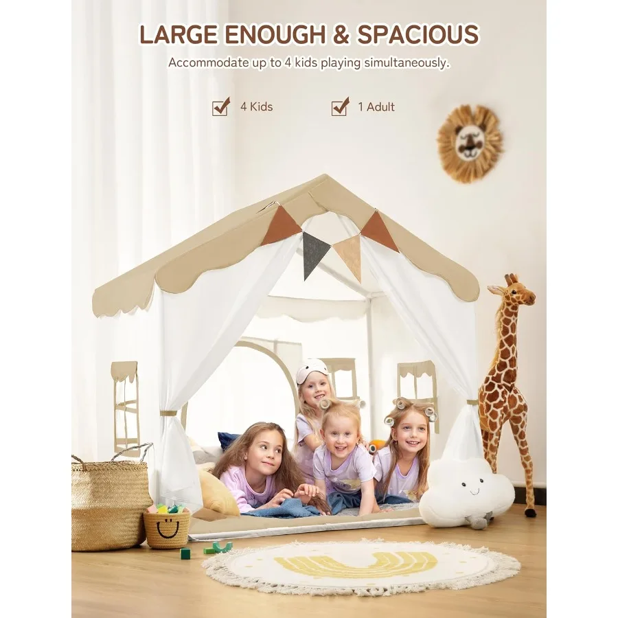 Play Tent 2 in 1 with Padded Mat and Lights Large Indoor Outdoor Playhouse with 2 Doors 4 Windows Christmas Toddler Tent Brown