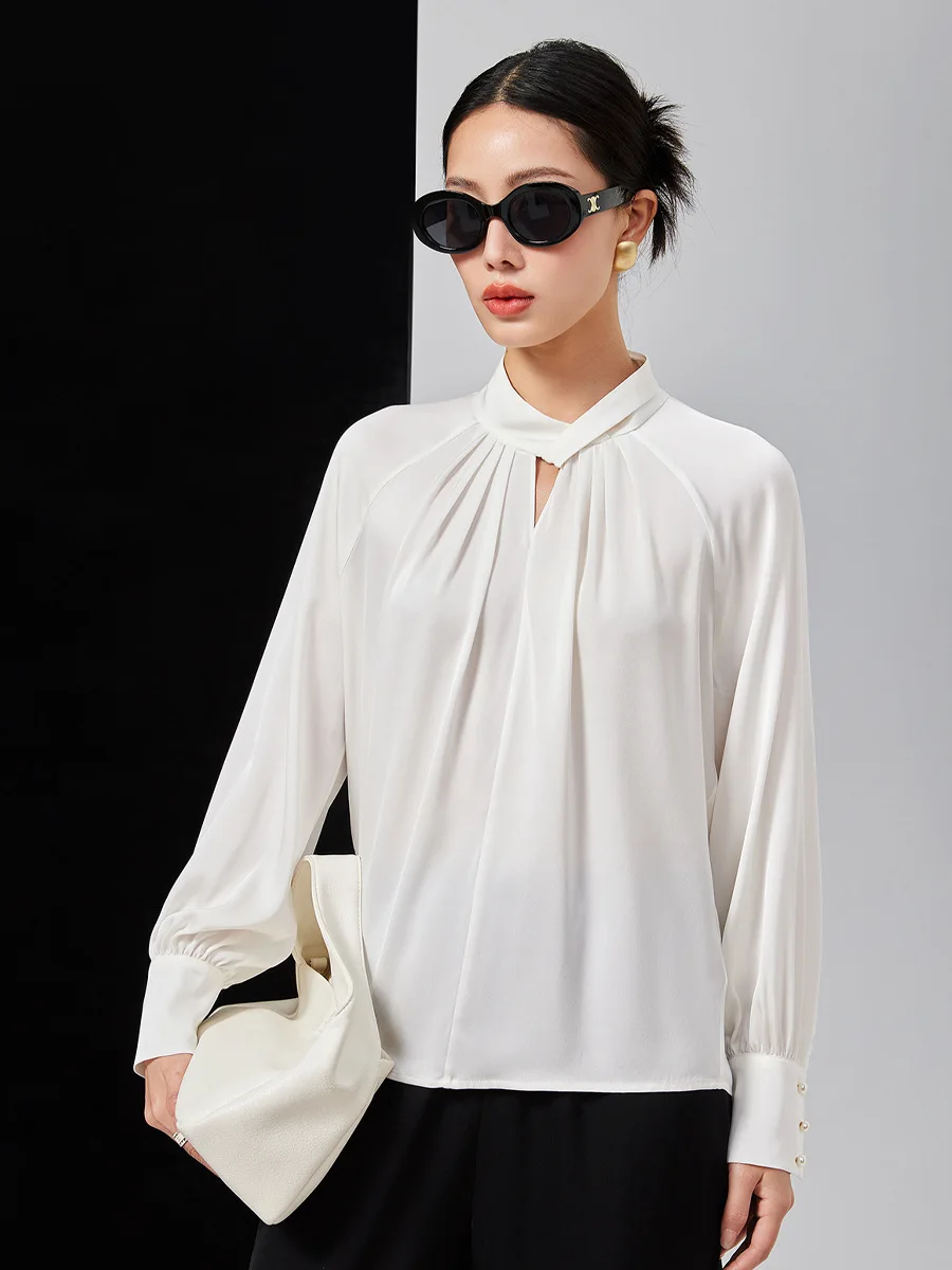 Birdsky, 1PC Women shirts blouse shirt Top V hollow out long lantern sleeve 90% real mulberry silk 10% spandex solid color,S-514