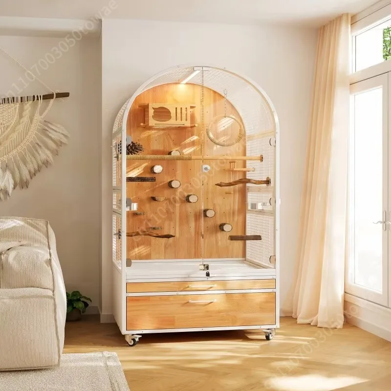 Solid Wood Bird Cage Does Not Occupy Space for Large Luxury Villas, Special Transparent Glass Bird Cage for Bird Splash