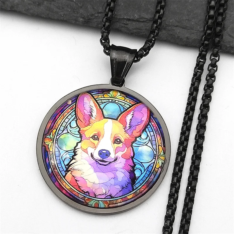 

Lovely Corgi Dog Puppy Pendant Necklace For Women Men Stainless Steel Glass Black Color Animal Lover Cute Male Chain Jewelry