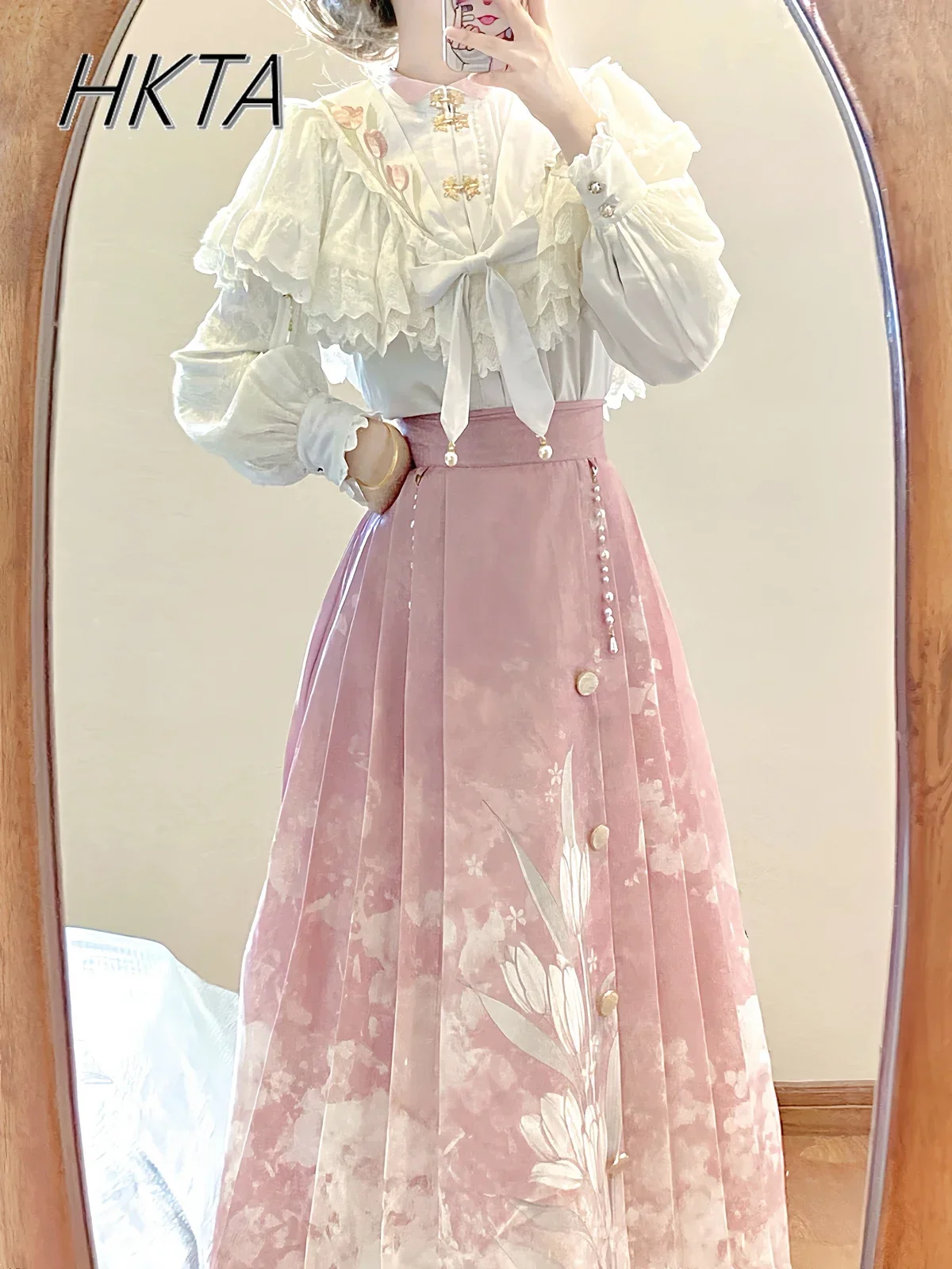 خريف شتاء جديد قميص طويل الأكمام شال لوليتا الأصلي الحلو زهرة Hanfu عنصر النمط الوطني جديد الصينية الحصان تنورة مجموعة #6