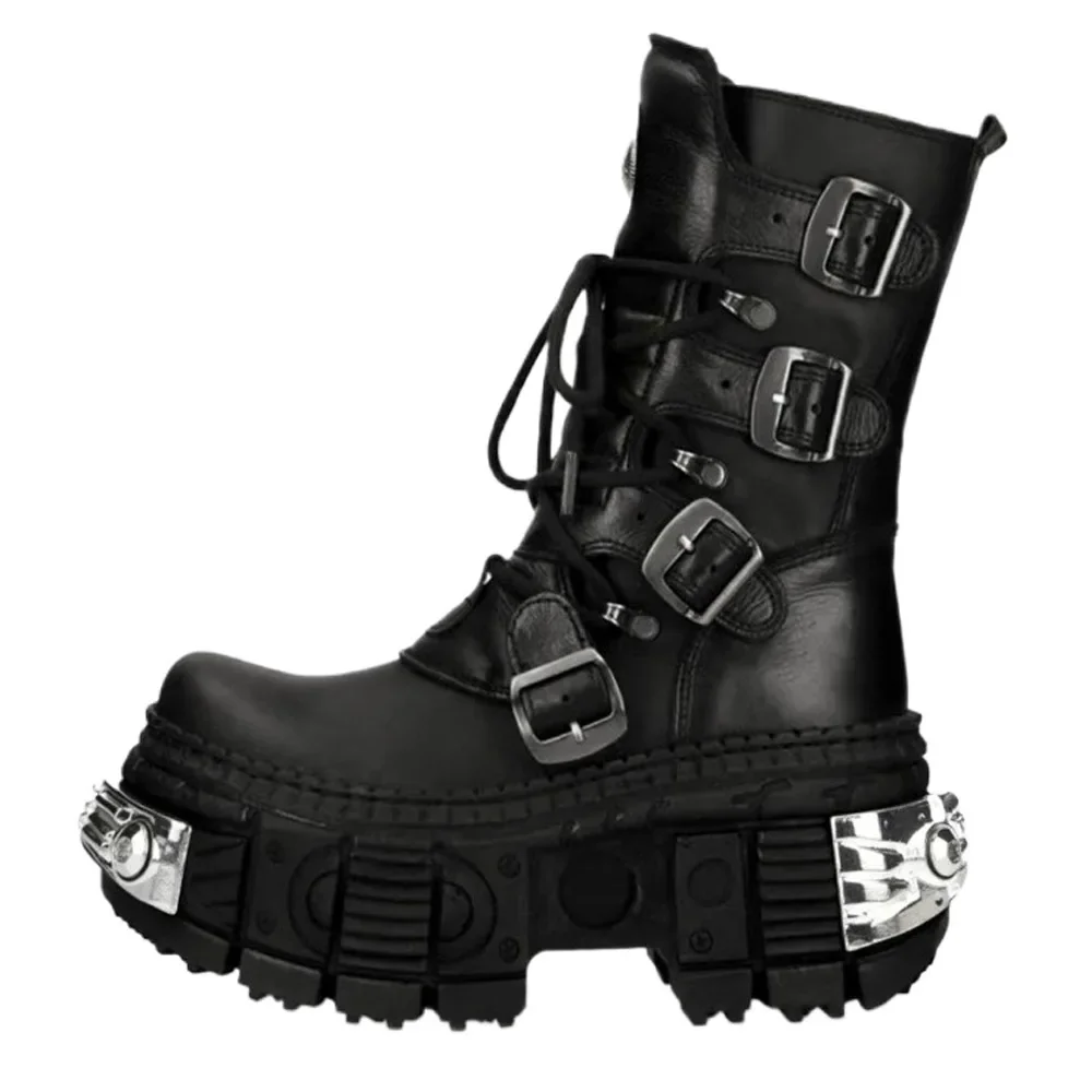 

Men's Genuine Leather Motorcycle Boots Metal Round Toe Women Mid-calf Cowboy Boots Tank Street Punk Rock Belt Buckle