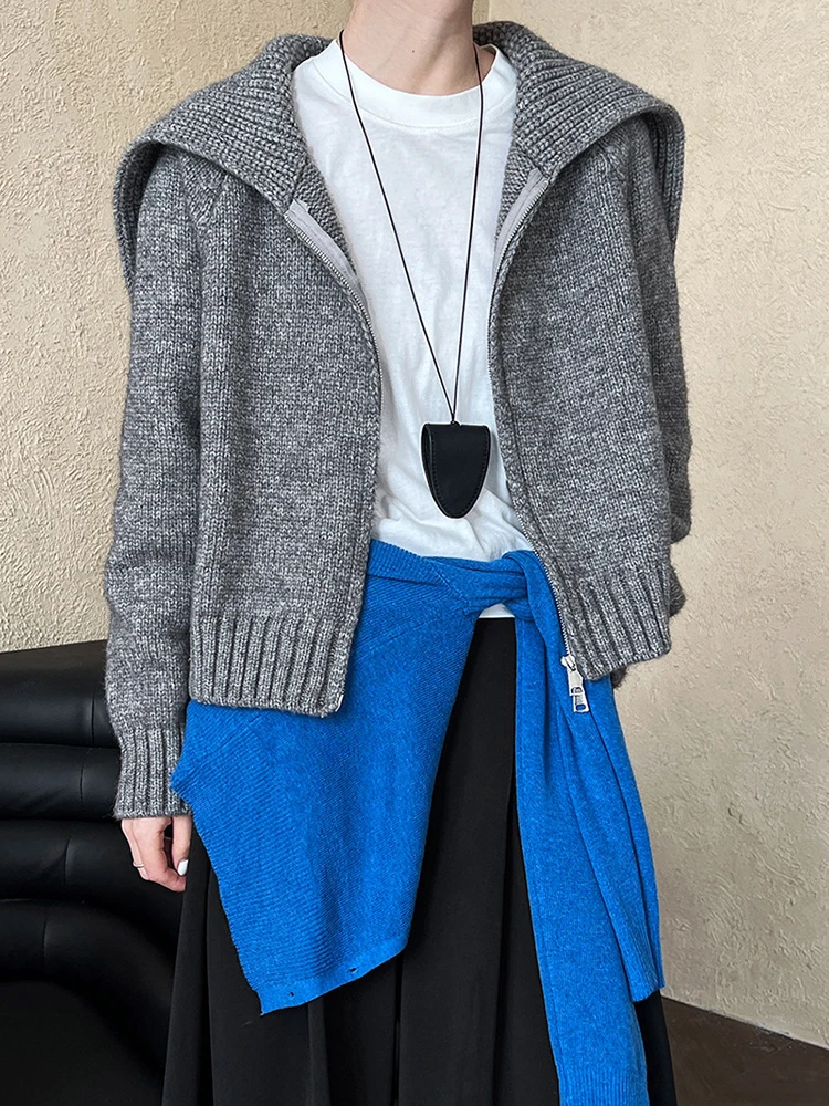 [EAM] Gray Zipper Big Size Casual Knitting Cardigan Sweater Lapel Long Sleeve Women New Fashion Tide Spring Autumn 2024 1DH7798