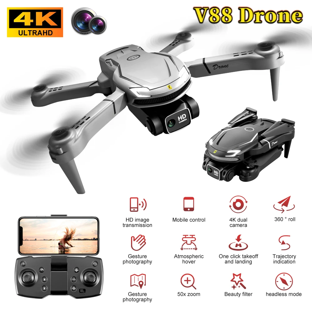 Nouveau V88 Drone Cam 4K professionnel HD caméra hauteur entretien flux optique positionnement RC quadrirotor pour adulte enfant Drones jouet
