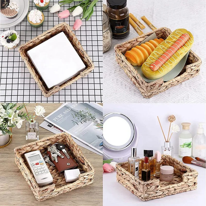 LUDA 2PCS Bathroom Disposable Guest Towel Holder Long Seagrass Woven Rattan Wicker Table Hand Guest Towel Basket Tray