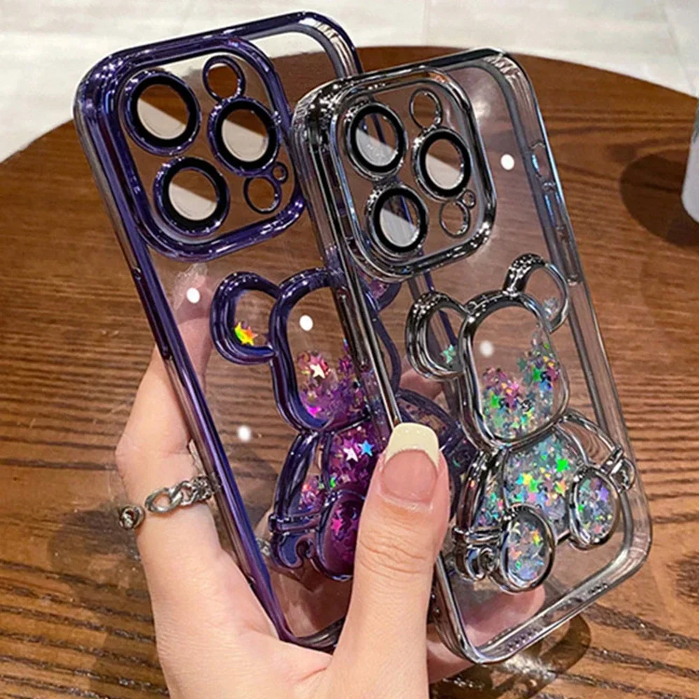 Cartoon Bear Glitter Quicksand Case for iPhone15 14 Pro Max 13 12 11 X Xr Xs 7 8 Plus Transparent Plating Camera Film Soft Cover