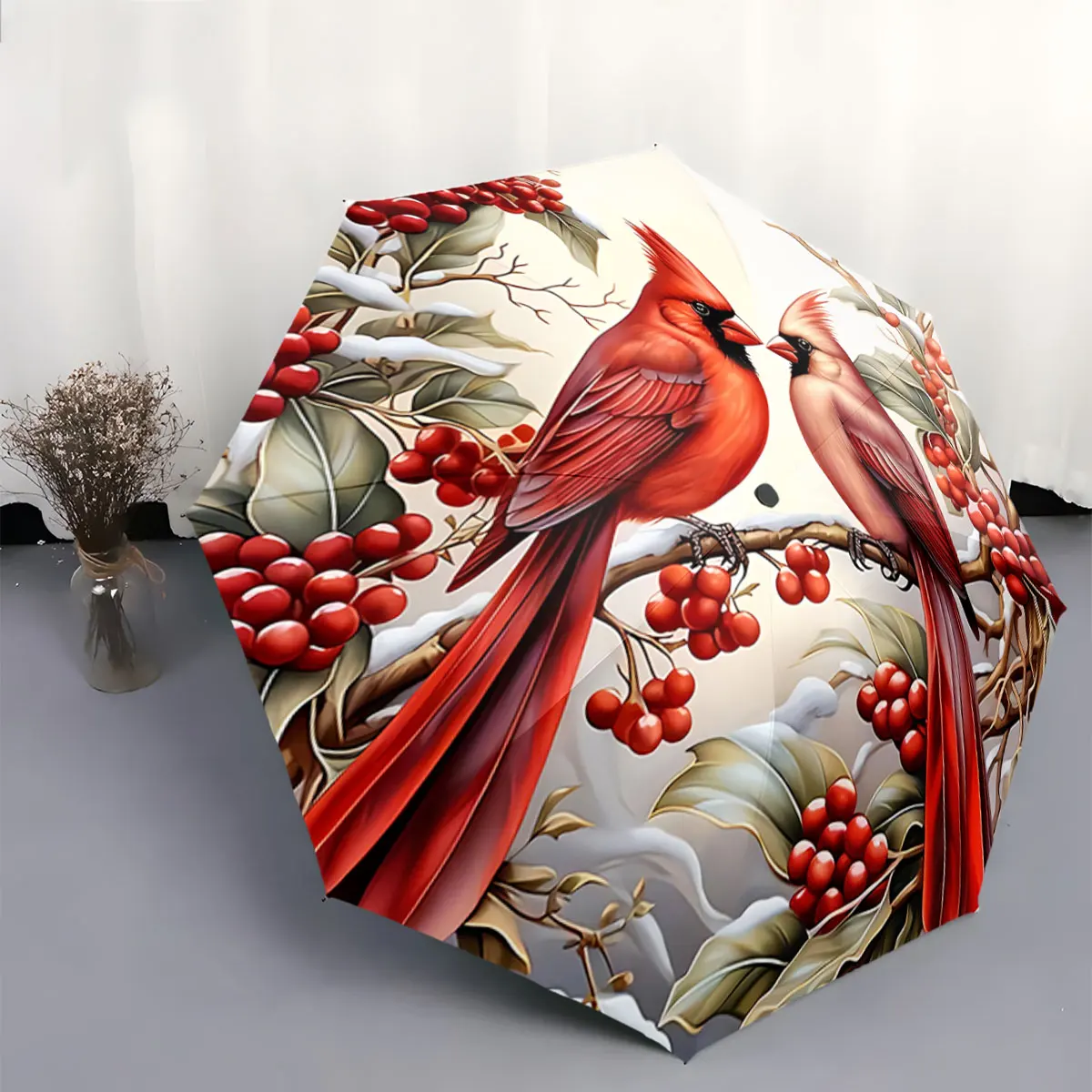 Red Cardinals on Berry Branch Snowy Winter Scene portable waterproof sun rain umbrella for outdoor travel beach