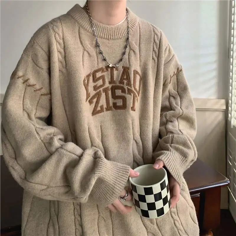 American Lazy Style Sweater Men\'s Winter Thickened Knit Sweater Autumn and Winter Japanese High-end Retro Knit Sweater