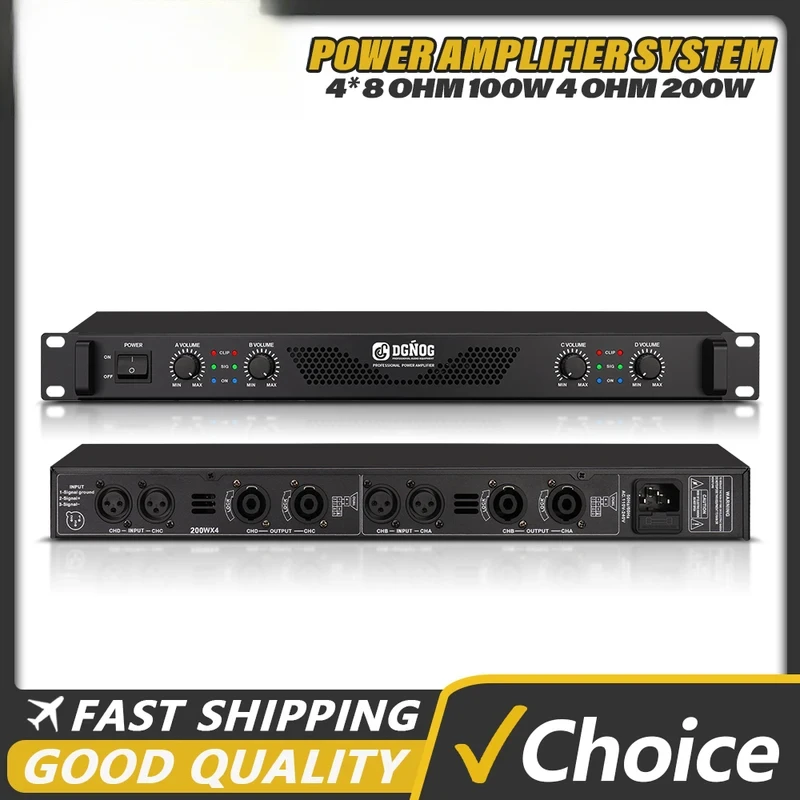 4-Channel DJ Power Amplifier 1U Lightweight Karaoke Suitable Small Stage Performance 8 Ohm 100W 4 Ohm 200W