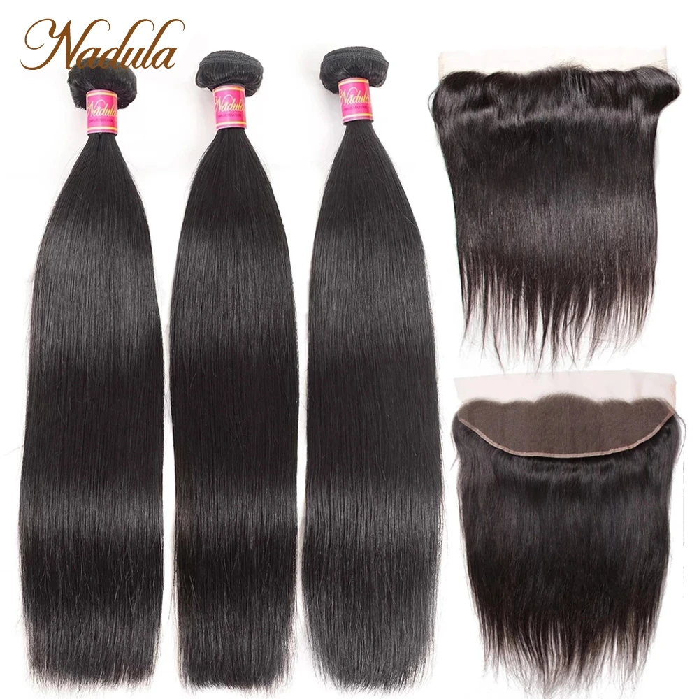 Nadula Hair 3 Bundles With Frontal Peruvian Straight Human Hair Extensions 13*4 lace Closure Remy Hair Natural Color