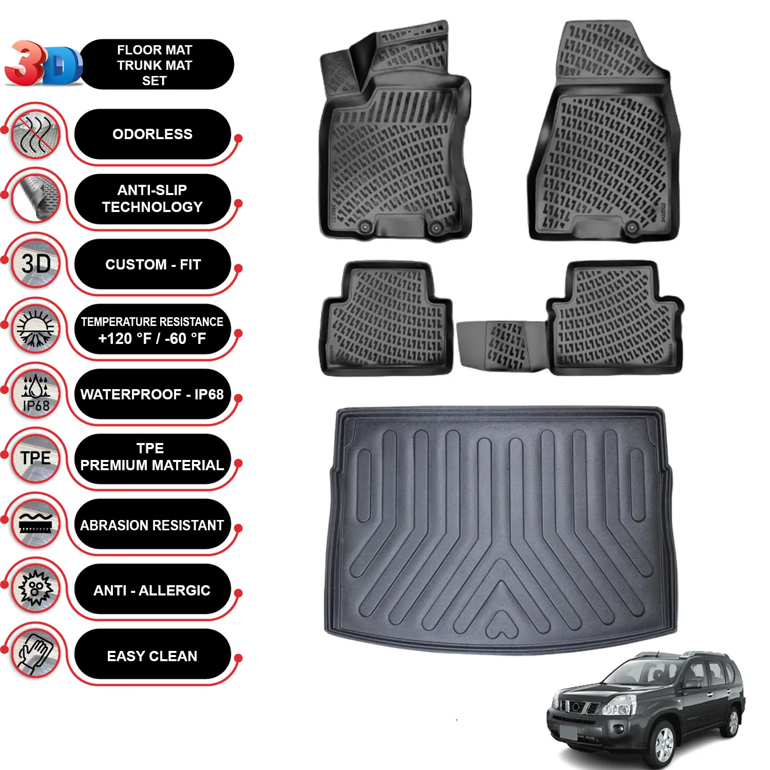 

Nissan X-Trail - (2007-2013) - Floor Mats + Cargo Trunk Liner - SET - (Black)