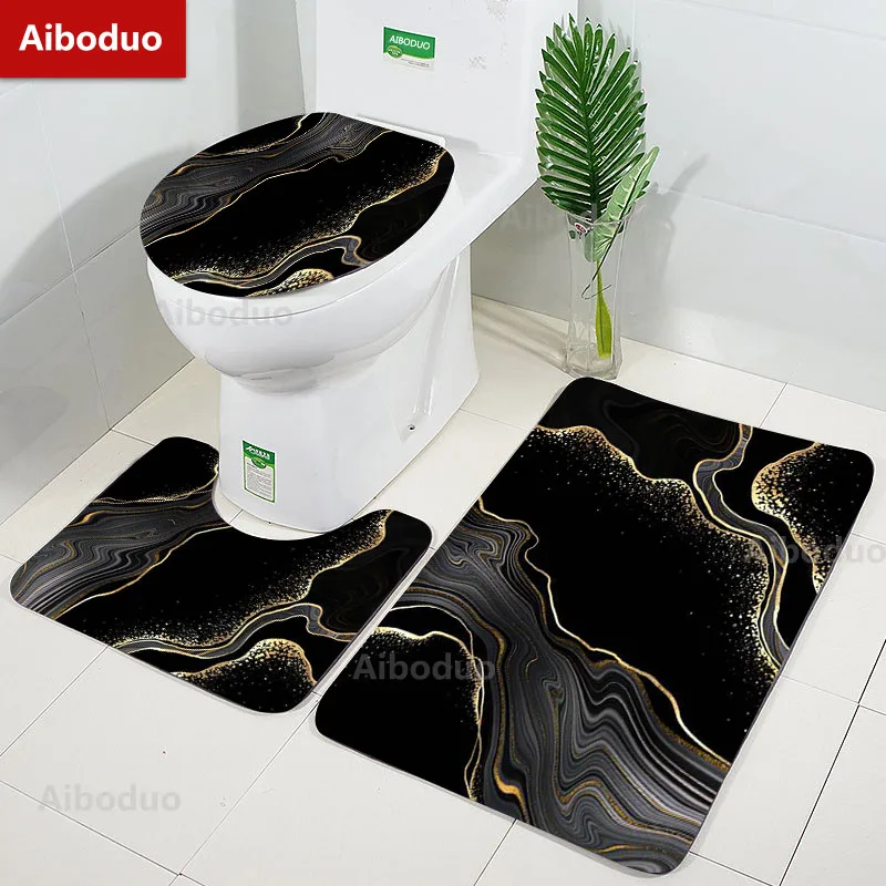 Dark Green Marble Gold Line Design Bathroom 3Pcs/set Mat Home Flannel Decorate Accessories Floor Rug Toilet Cover 40*60/50*80 CM