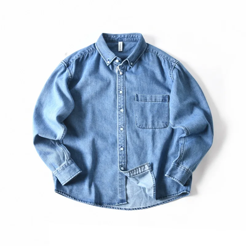 

American Washed Cotton Loose Casual Turn-Down Collar Long Sleeve Denim Shirt for Men Workwear Shirt Jacket for Spring and Autumn