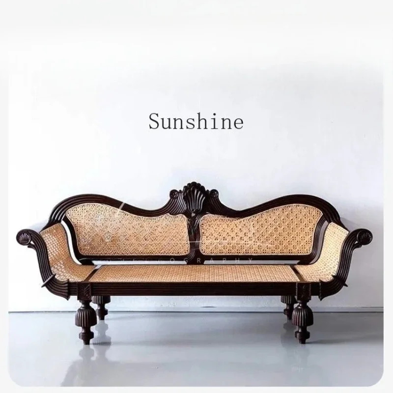 

American solid wood carving flower braided rattan three-person sofa living room studio light luxury retro sofa