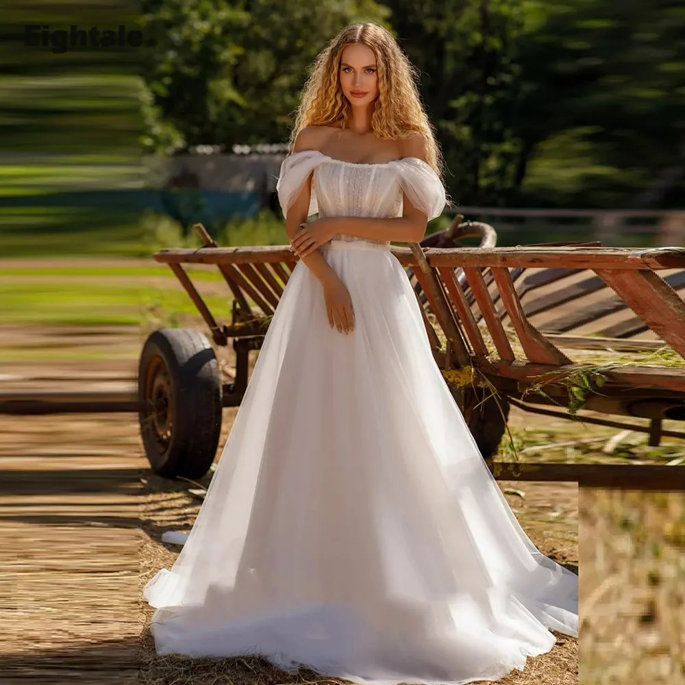 

Eightale Arabic Wedding Dresses off the Shoulder Pleats Customized A-Line Tulle Sweep Train Bridal Gowns Vestidos De Novia