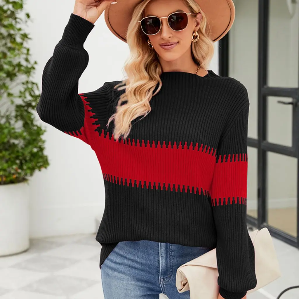 

Women's Contrast Color Stitching Half Turtleneck Sweater Loose Fit Pullover Autumn Winter Fashion European American Style