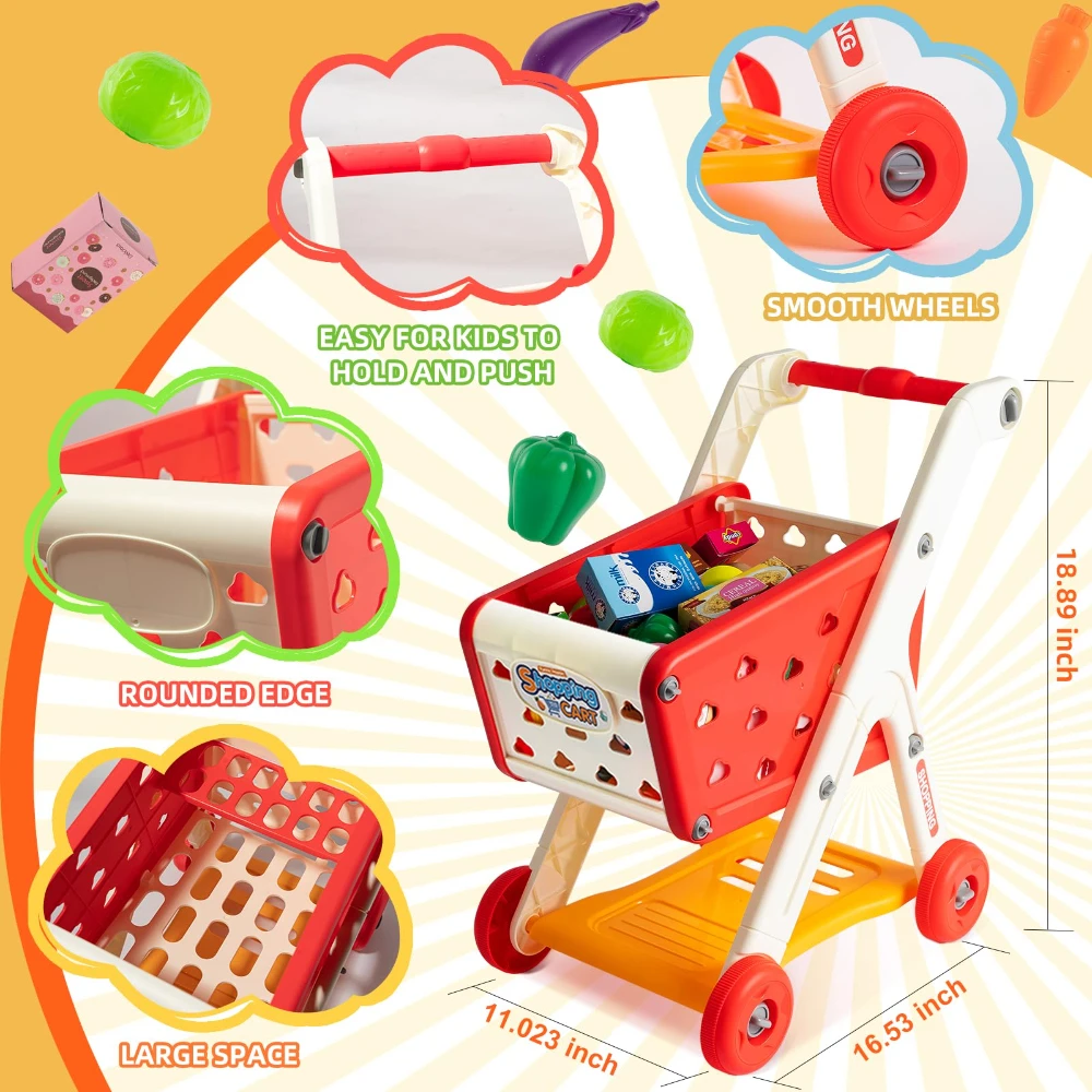 WizKidz Kids Shopping Cart Toy Grocery Trolley With Pretend Play Food Set Supermarket Playset Accessories For Toddlers Aged 3+