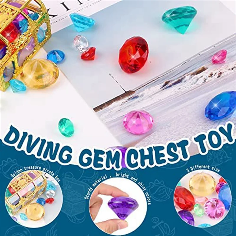 Mergulho Gem Pool Toys, inclui diamantes coloridos Set, Dive Toy, Treasure Chest, natação subaquática Toy, Pirate Box, 12pcs