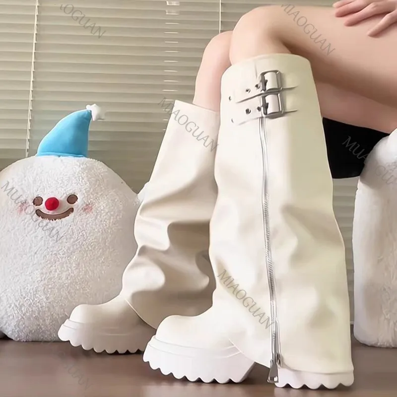 فاسق نمط الربط سميكة القاع النساء أحذية عالية في الركبة موضة سستة الإناث مطوي فارس الجوارب الطويلة الخريف أحذية نسائية #5