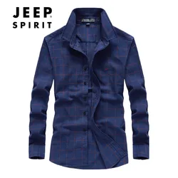 JEEP SPIRIT men fashion plaid shirt spring and autumn new casual lapel color matching long-sleeved comfortable breathable top