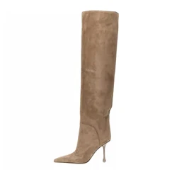 Arden Furtado2025 khaki suede stiletto Over the knee boots  Pointed toe Slip-on Wide Calf Super high heel Knight boots for women