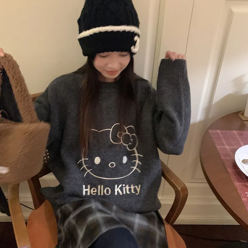

Sanrio Hello Kitty, корейская версия, милый свитер с принтом, женский зимний новый свободный вязаный топ с круглым вырезом, милый повседневный пуловер для девочек