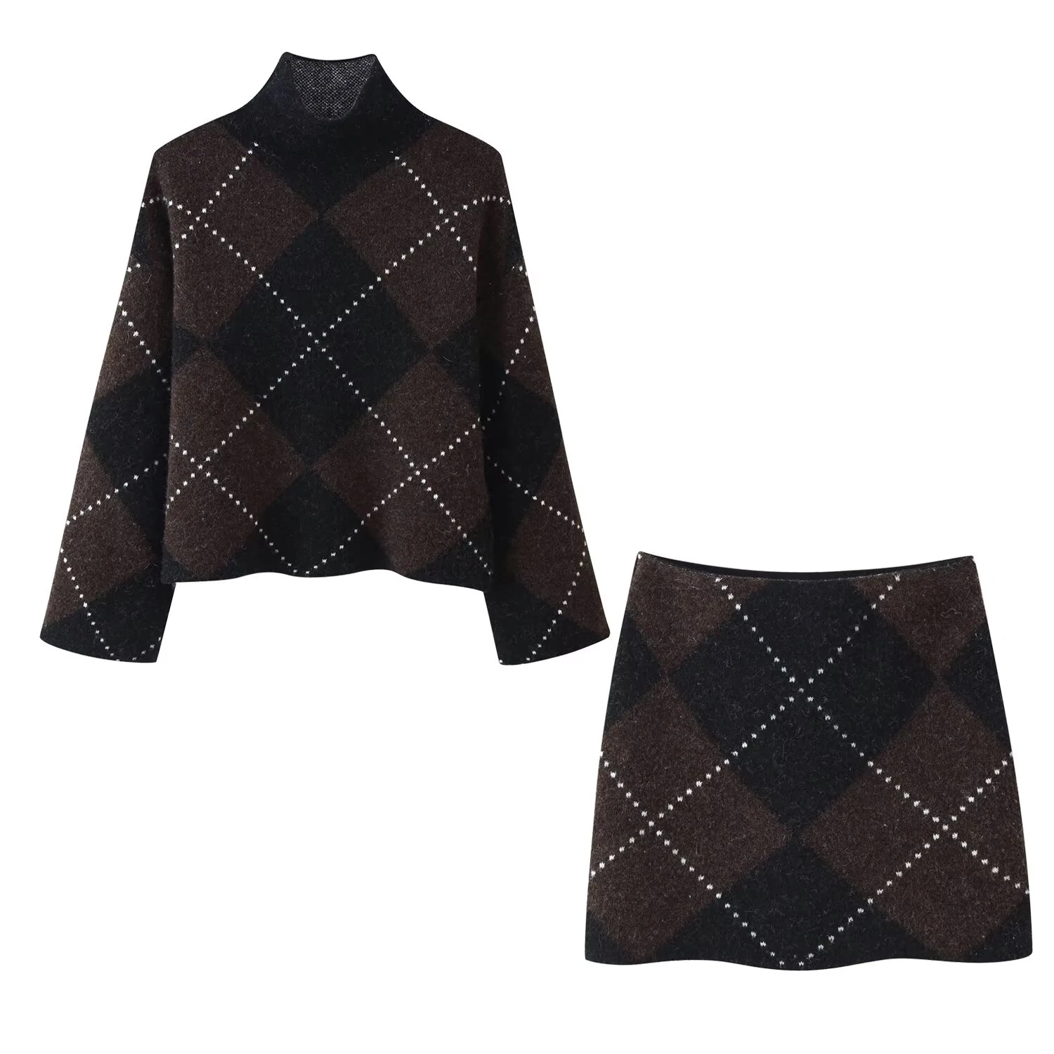 Winter Neuankömmlinge Langarm-Strickoberteil mit Stehkragen und tailliertem Strick-Midikleid mit Rautenmuster und hoher Taille
