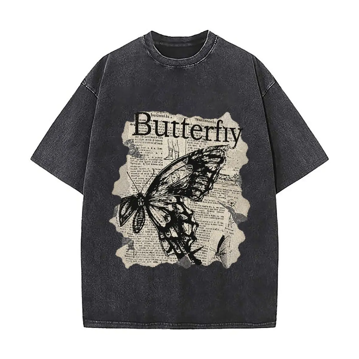 Butterfly Vintage Newspaper Print Graphic Vintage Distressed Loose Streetwear Tops