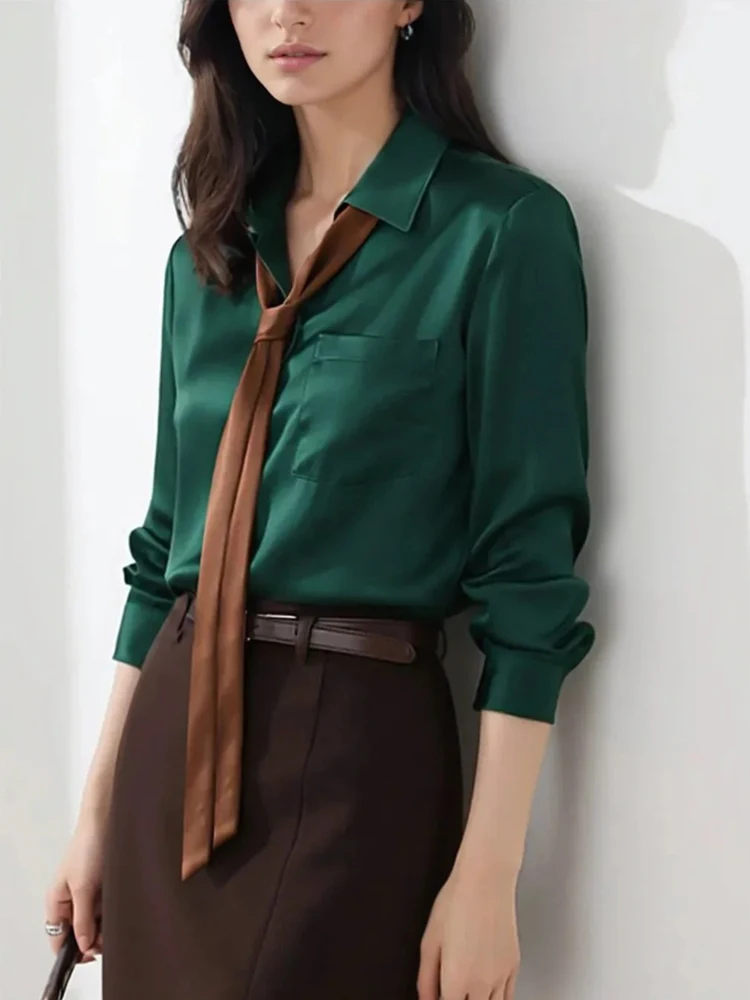 Nowa damska satynowa bluzka z wiązaniem przy szyi, długi rękaw, elegancka koszula do pracy biurowej, formalna koszula dla bizneswoman, 2025