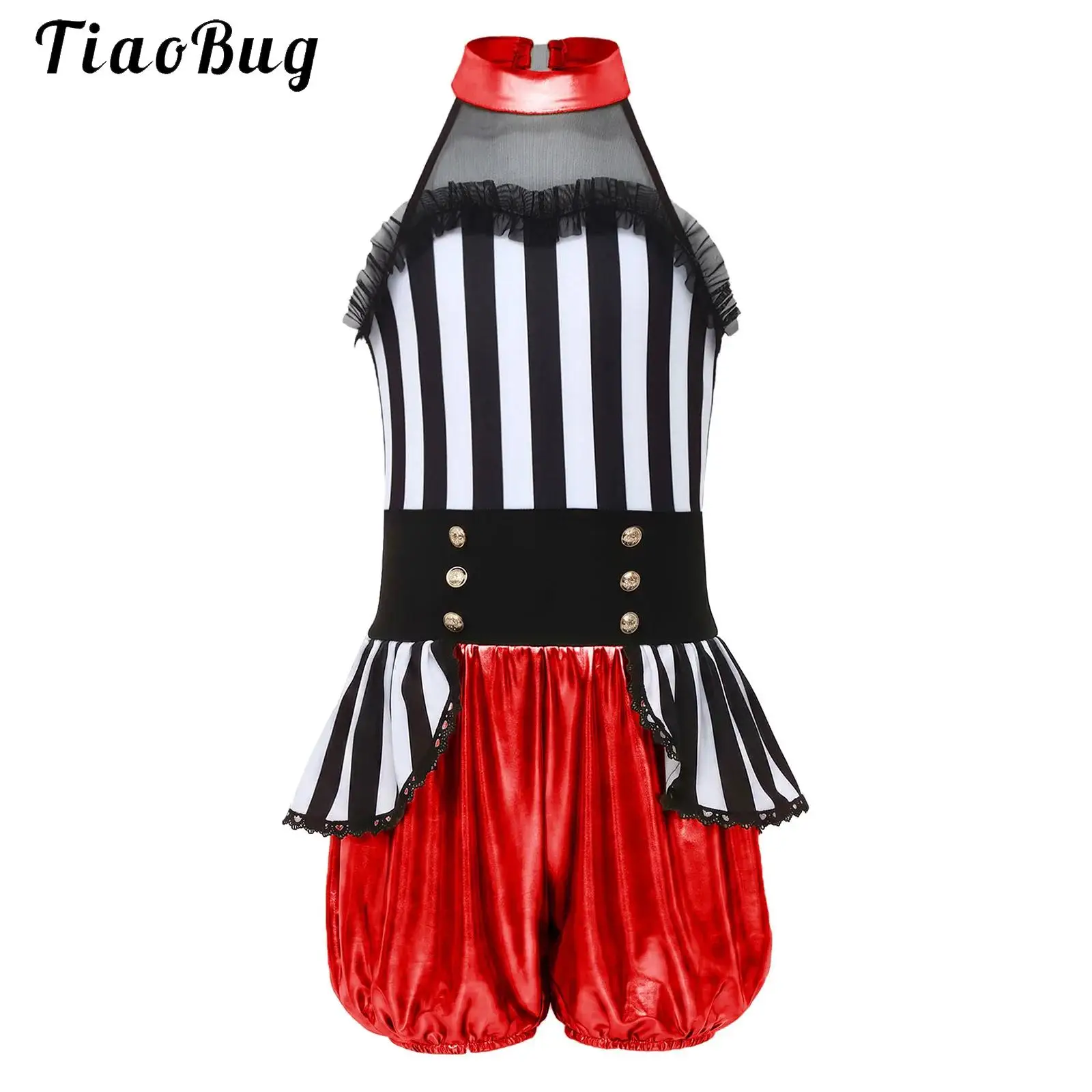 Kids Girls Circus Ringmaster Dress Up Jumpsuit Costume Sleeveless Striped Metallic Dance Leotard Overlay Skirted Ballet Bodysuit