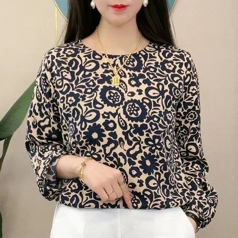 Autumn and Winter Aesthetic Commuter Shirt Vintage Women Elegant Trendy Print Round Collar Long Sleeve Loose Casual Chiffon Top