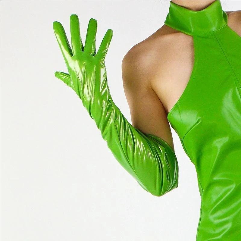 

Длинные перчатки для женщин 20 дюймов, яблочно-зеленые, из лакированной искусственной кожи, с широким манжетом, 50 см, модный аксессуар