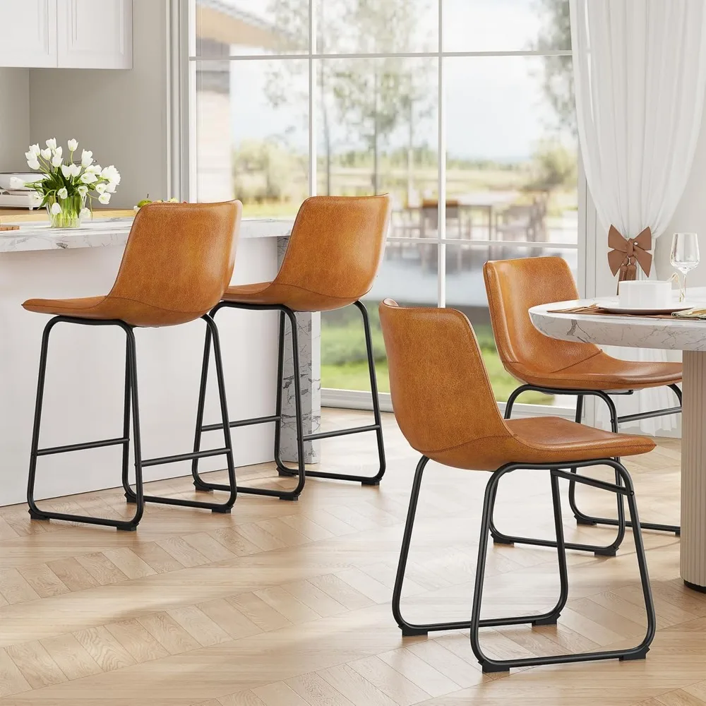 Bar Stools Set of 4, PU Leather Counter Height Bar Stools, 26" Modern Bar Stools with Metal Legs and Footrest, Urban Armless Din