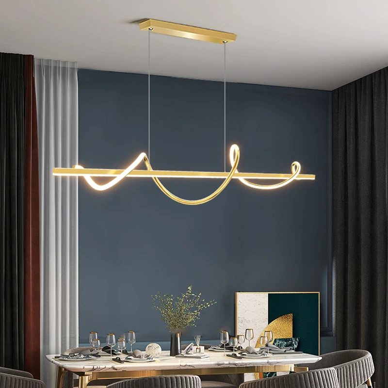 Modern Long Rotate LED Pendant Lamp with Remote Control Gold for Dining Room Kitchen Coffee Table Home Decor Lighting Fixture