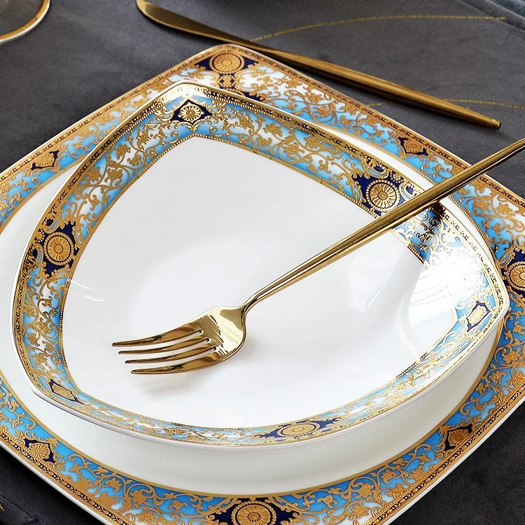 HYS triangular plate, household light luxury bone china relief tableware, plate, special-shaped plate, deep vegetable plate