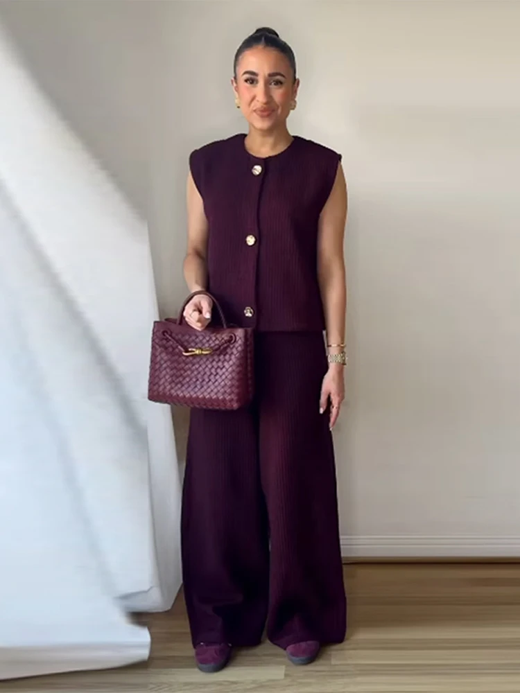 Frauen 2-teiliges gestricktes ärmelloses Hosen-Set, elegantes O-Ausschnitt-Knopf-Weste-Top, hohe Taille, weites Bein, Hose, Sommer-Damenanzug