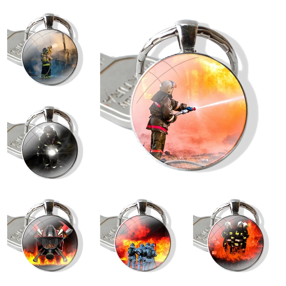 Firefighter Heroes Keychain Handmade Glass Cabochon Key Ring Holder Pendant Key Chains