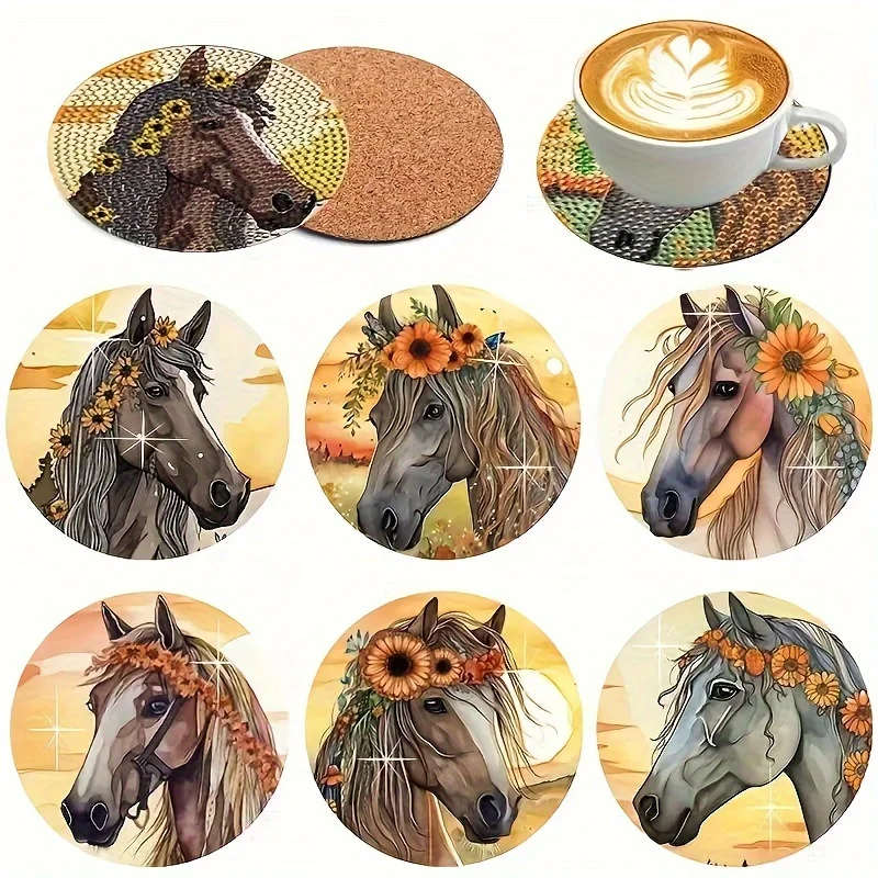 6-piece/set of horse patterned diamond painted wooden coasters, DIY creative diamond painted coasters, holiday gift 