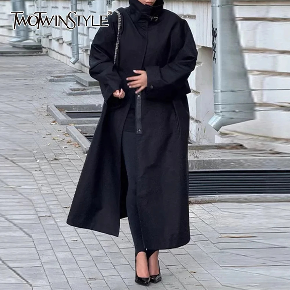 

TWOTWINSTYLE Fashionable Windbreaker for Women Stand Collar Long Sleeve Spliced Single Breasted Loose Long Jacket Female Winter