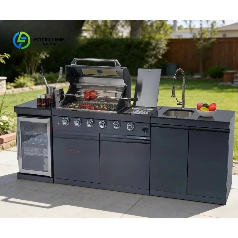 Customized Warehouse Luxurious 304 SS Black Garden BBQ Grills Mobile Wheel Outdoor Kitchen Set Island With Fridge Sink