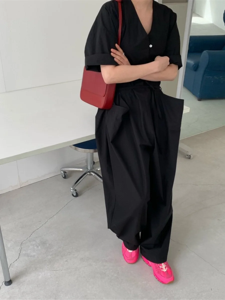 صيف جديد المرأة Utili بذلة فضفاضة الخصر مربوط رقيقة ort Sve V-Ne واسعة الساق السراويل الطويلة التخسيس عادية