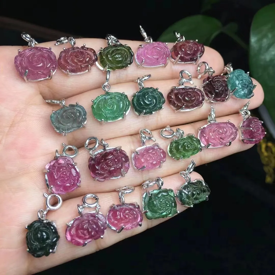 Unit One Piece 925 Silver Buckle With Customized Cost Natural Tourmaline Gemstone Crystal Healing Flower Carving Pendant