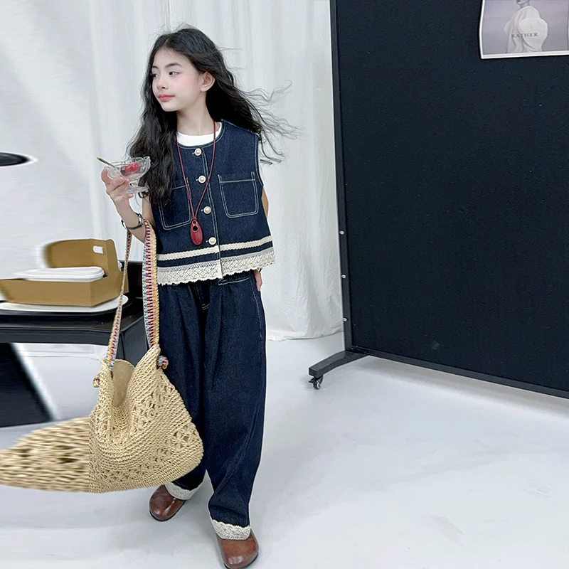 

French design teen girls clothes set Lace hem denim vest+Wide leg jeans 2pcs junior kids pants suit child clothing outfits 4-14