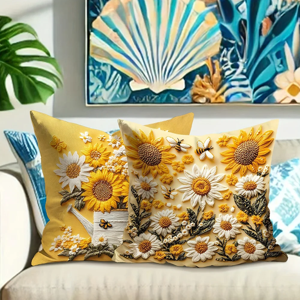 Floral Pillow Covers with Sunflowers, Daisies, Bees, and Butterflies Sofa cushion cover home room decoration 2D flat printing