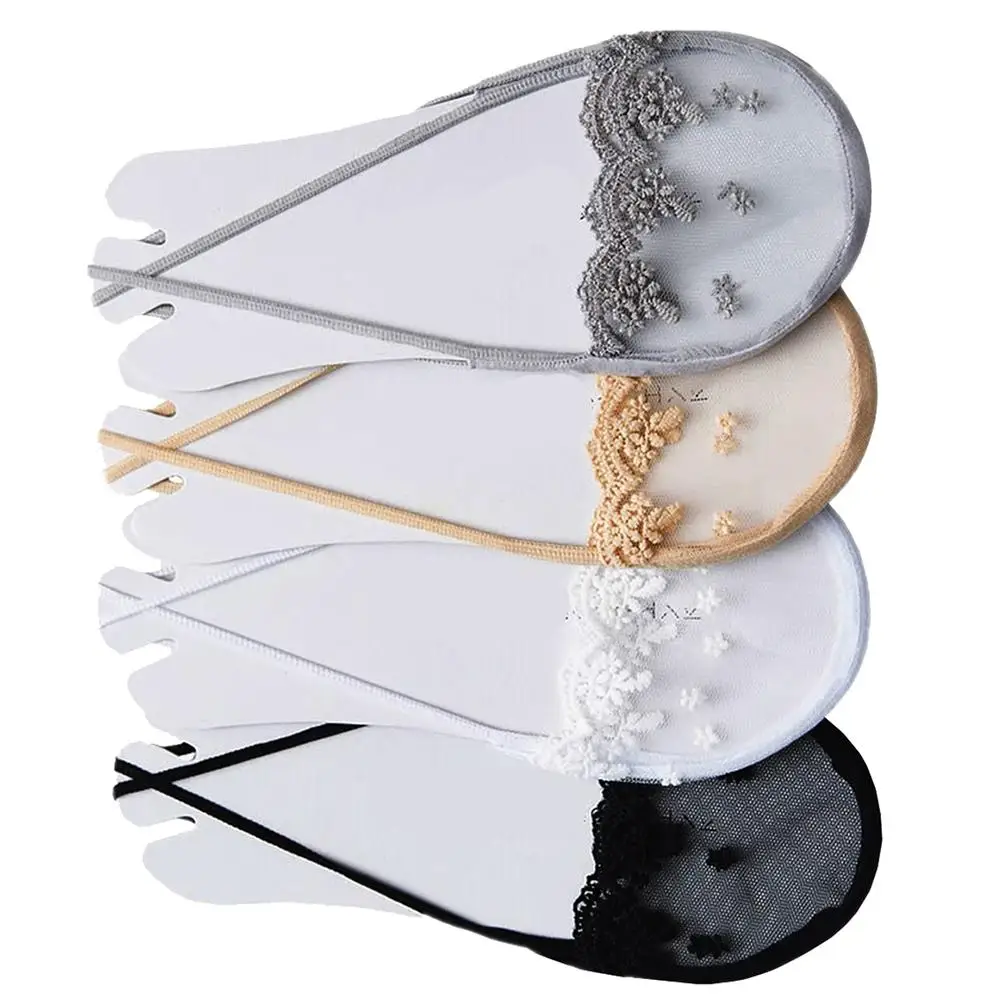 

4 Pairs Women Invisible Socks Mouth Cotton Lace Embroidery Summer Shoes Match Black White Gray Skin Color