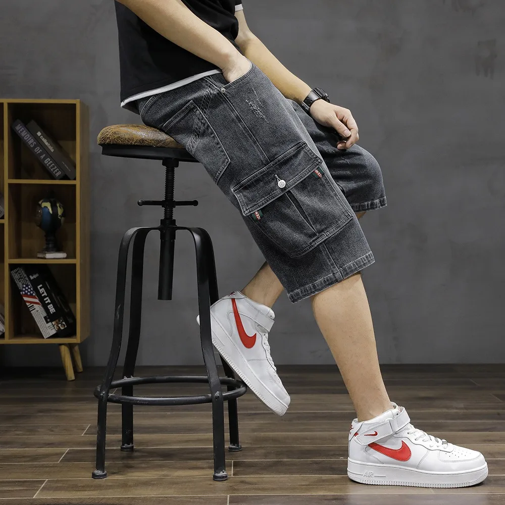 Men Denim Shorts Summer Y2K Vintage Cargo Shorts Boys Knee Length Multi Pockets Loose Elastic Plus Size 40 42 Hip Hop Streetwear